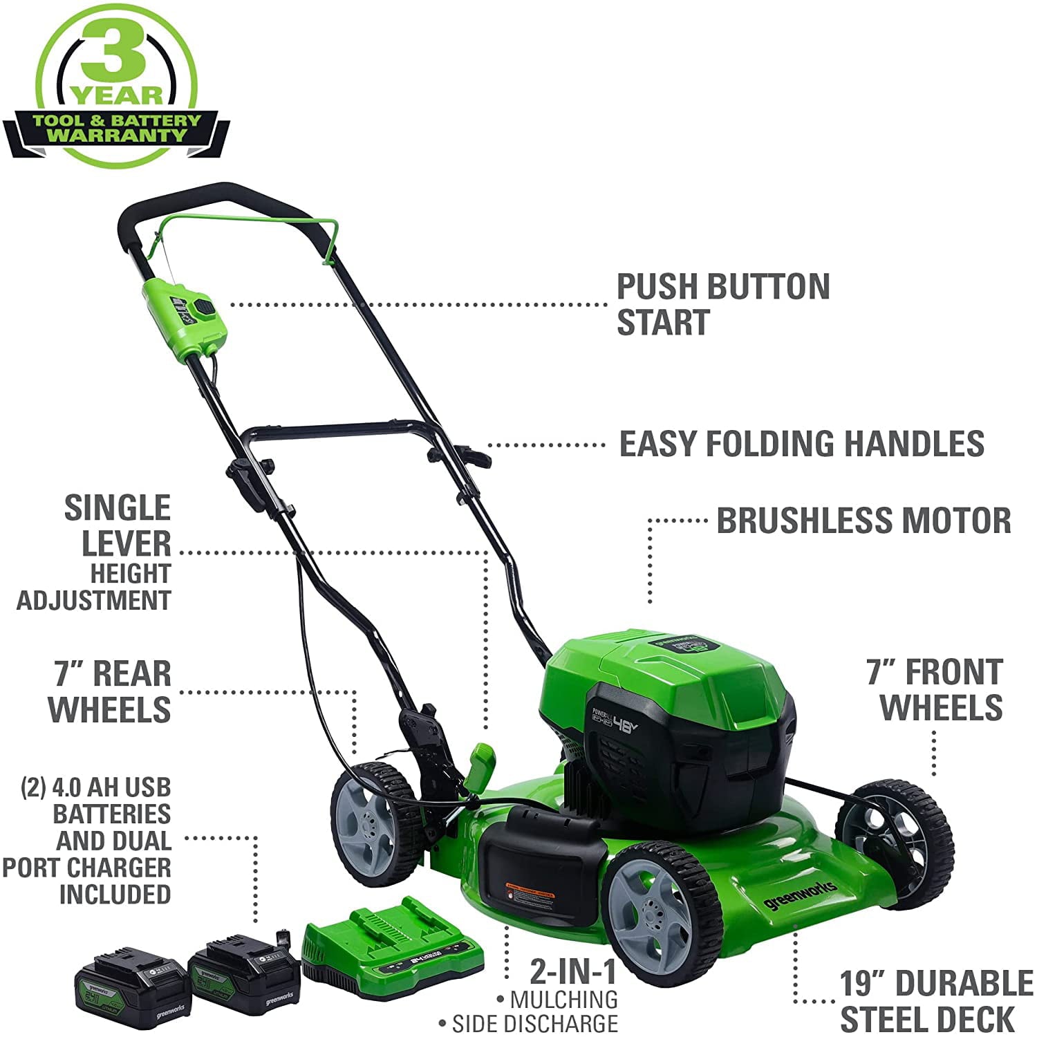 Greenworks 2 x 24V (48V) 19" Brushless Push Lawn Mower, 2 x 4.0Ah USB Batteries and Dual Port Rapid Charger Included