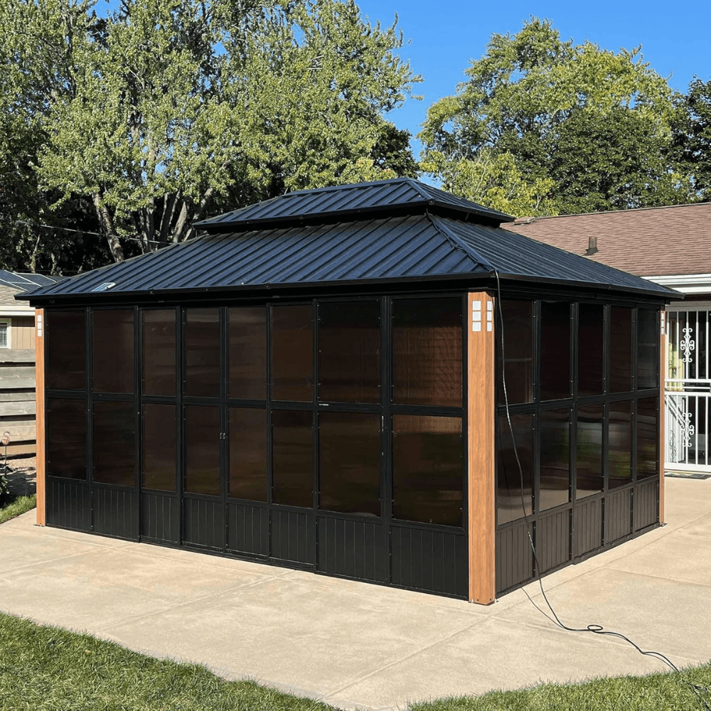 12 ft. X 16 ft. Sunroom Hardtop Gazebo Solarium Galvanized Steel Double Roof Aluminum Screen House Patio Backyard