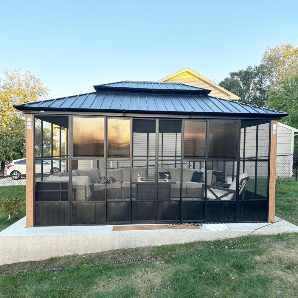 12ft.x16ft. Sunroom Hardtop Gazebo Solarium Galvanized Steel Double Roof Aluminum PC Mesh Screen House for Backyard