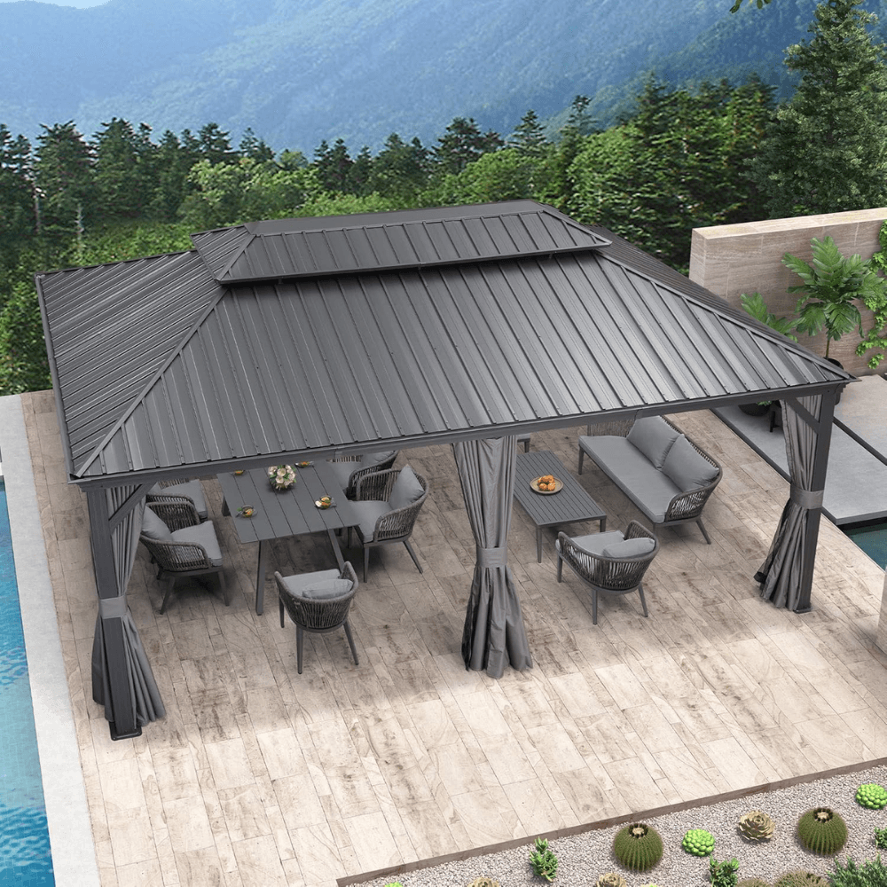 12 ft. Gray Aluminum Power-Coated Frame Galvanized Steel Double Roof Hardtop Gazebo,Hooks