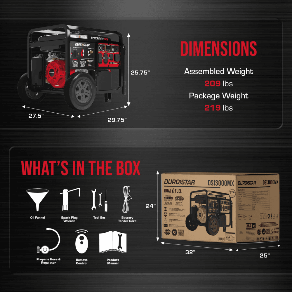 13000-Watt Push Button Start Dual Fuel Gas and Propane Powered Portable Generator with CO Shutdown Sensor 50Amp Outlet