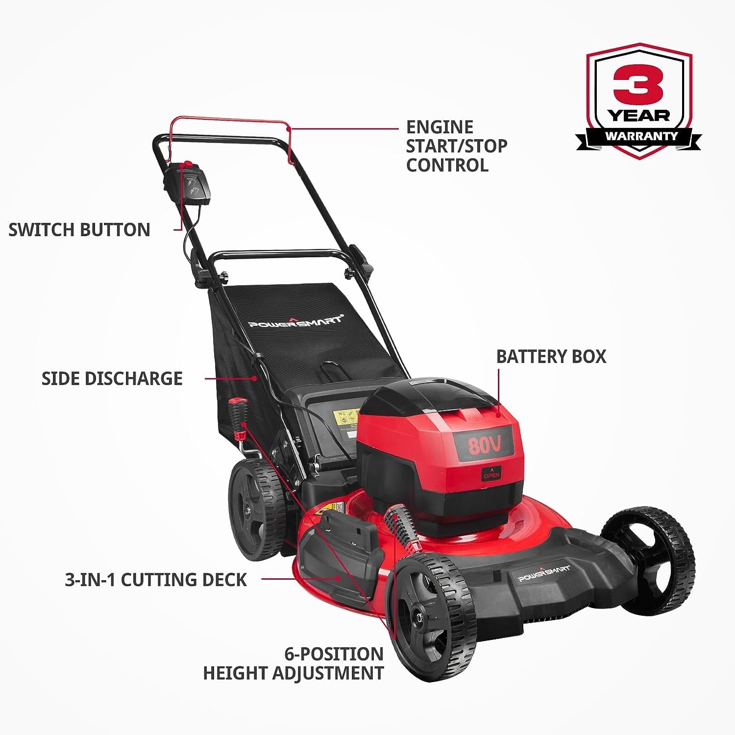 80V MAX 21" Cordless Lawn Mower, 3-in-1 Brushless Electric Lawn Mower with 6.0Ah Lithium-Ion Battery & Charger