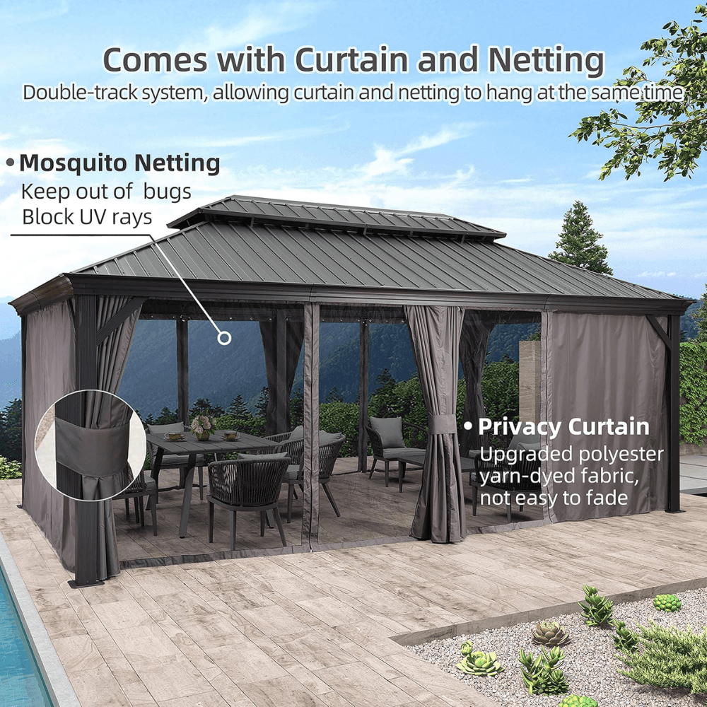 12 ft. Gray Aluminum Power-Coated Frame Galvanized Steel Double Roof Hardtop Gazebo,Hooks
