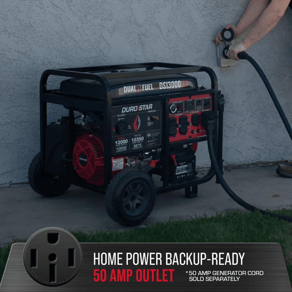 13000-Watt Push Button Start Dual Fuel Gas and Propane Powered Portable Generator with CO Shutdown Sensor 50Amp Outlet