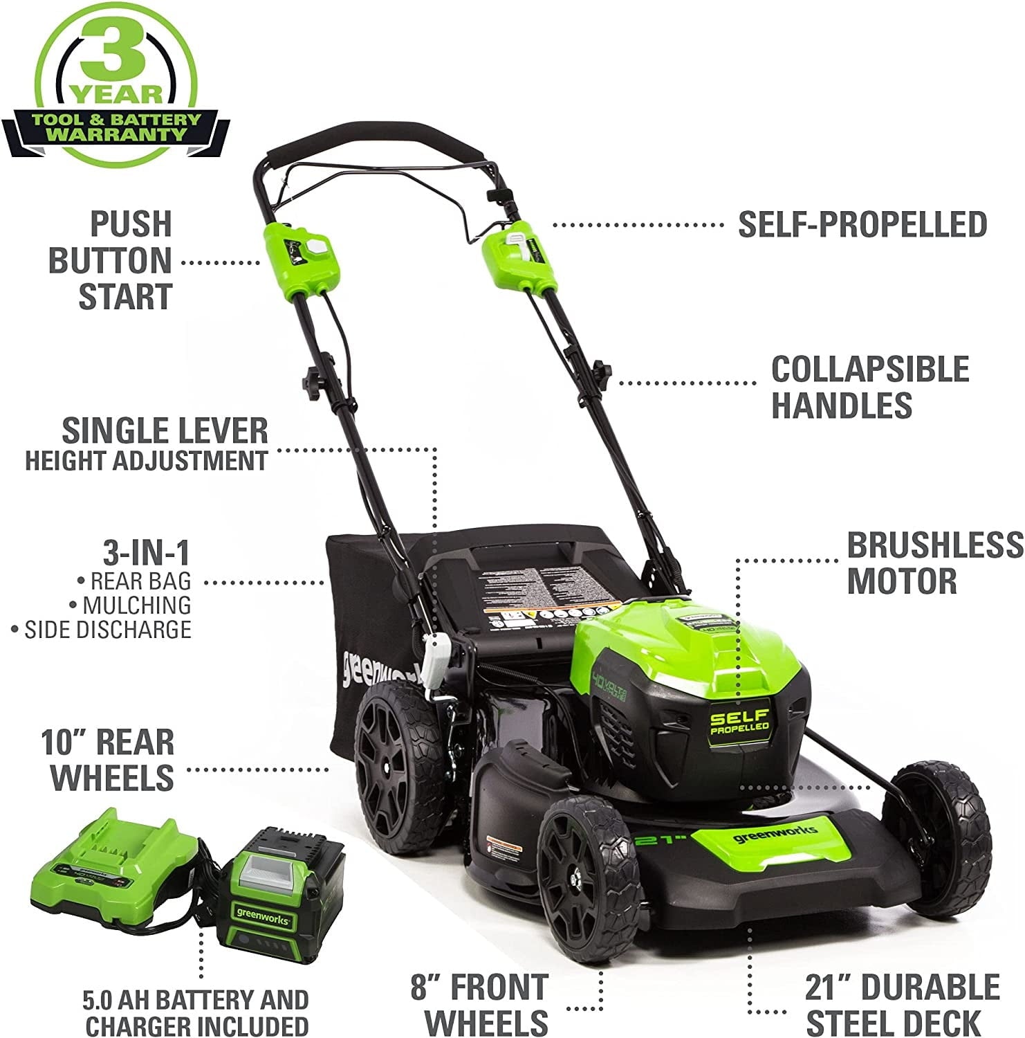 Greenworks 21" 40V Battery Self-Propelled Lawn Mower with 5.0 Ah Battery & Charger