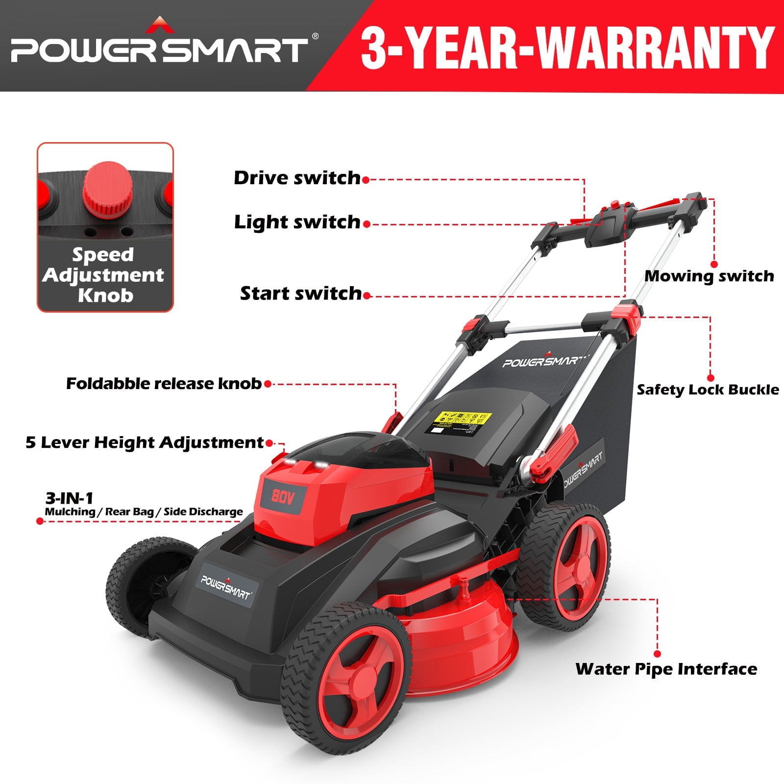 PowerSmart 80V 26-inch Self-Propelled Cordless Lawn Mower with 6.0Ah Battery and Charger