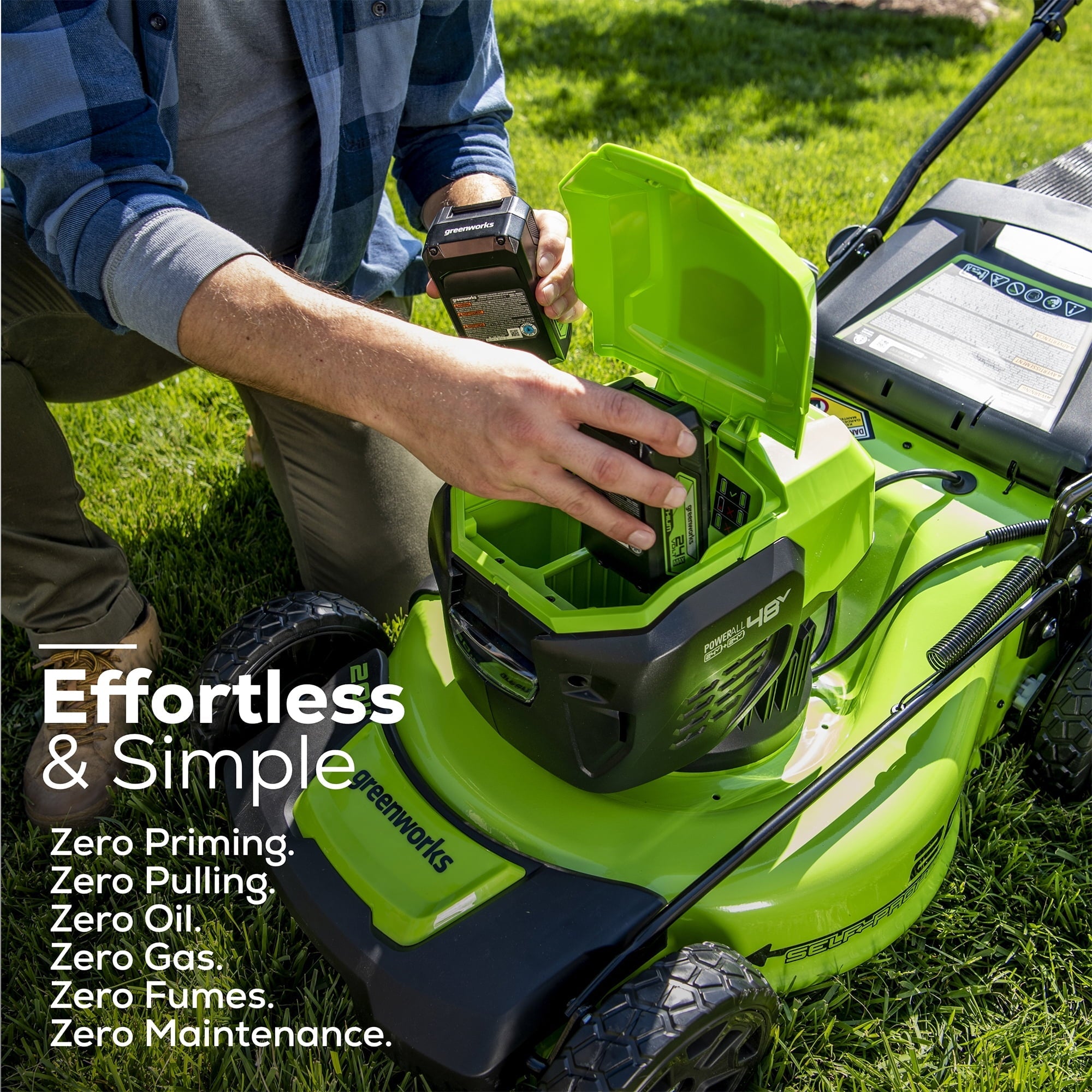 Greenworks 48V 20" Battery-Powered Lawn Mower Two 4.0Ah USB Batteries & Charger