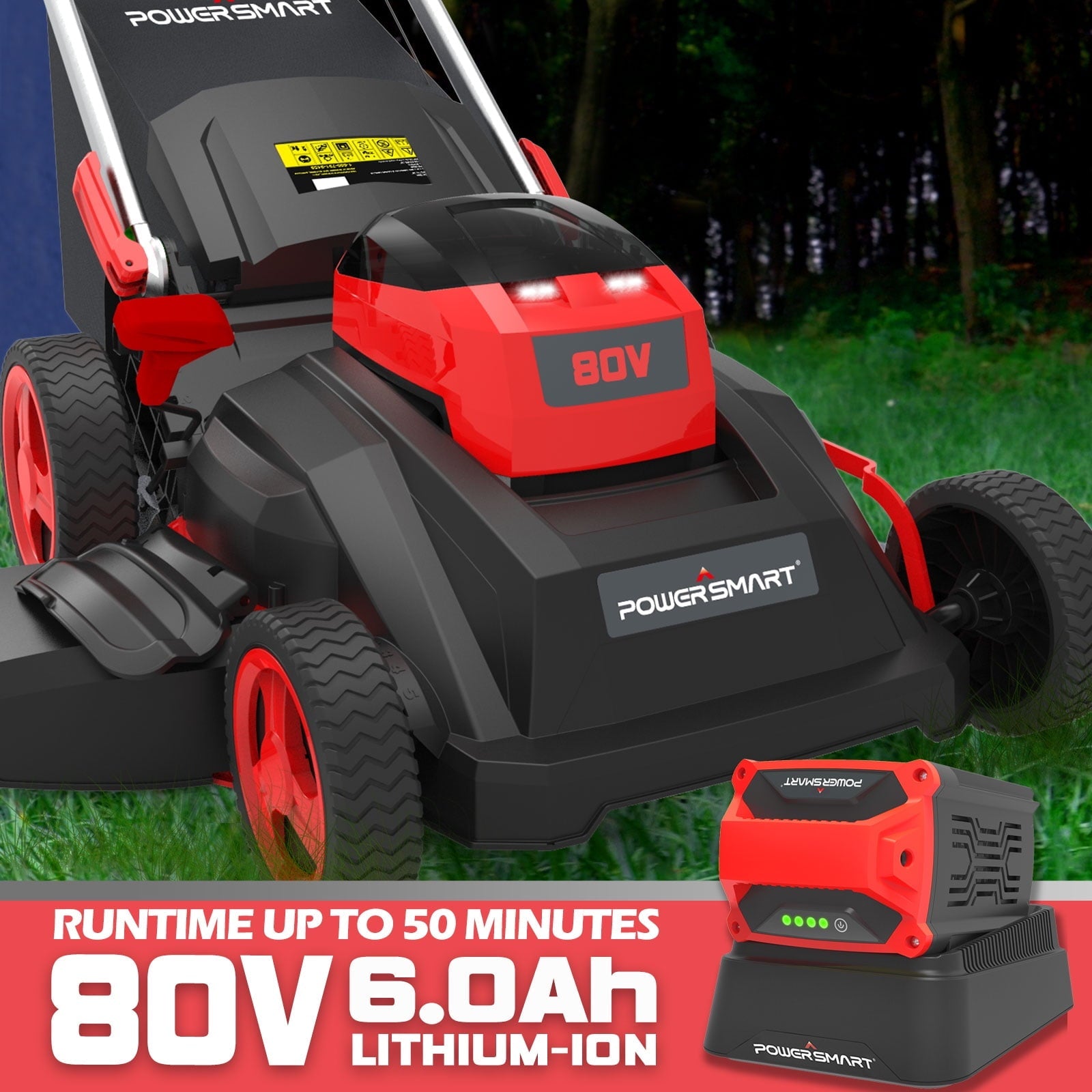 PowerSmart 80V 26-inch Self-Propelled Cordless Lawn Mower with 6.0Ah Battery and Charger